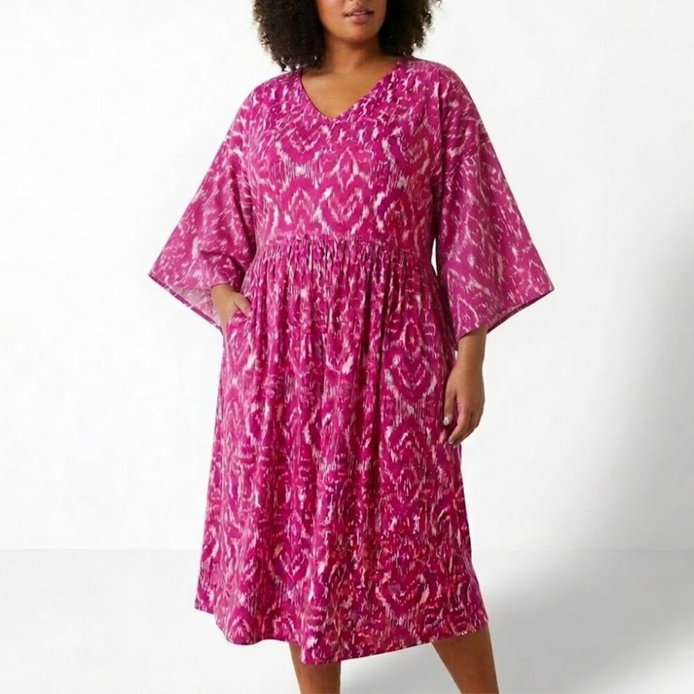 Girl With Curves QVC Plus Size 2X Pink White Ikat Kimono Sleeve Midi Dress